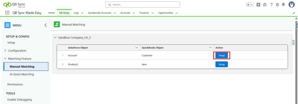Click Setup, next to the object you want to manually match.