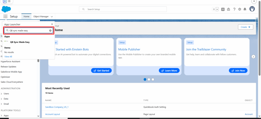 From the App Launcher, search for QB Sync Made Easy.