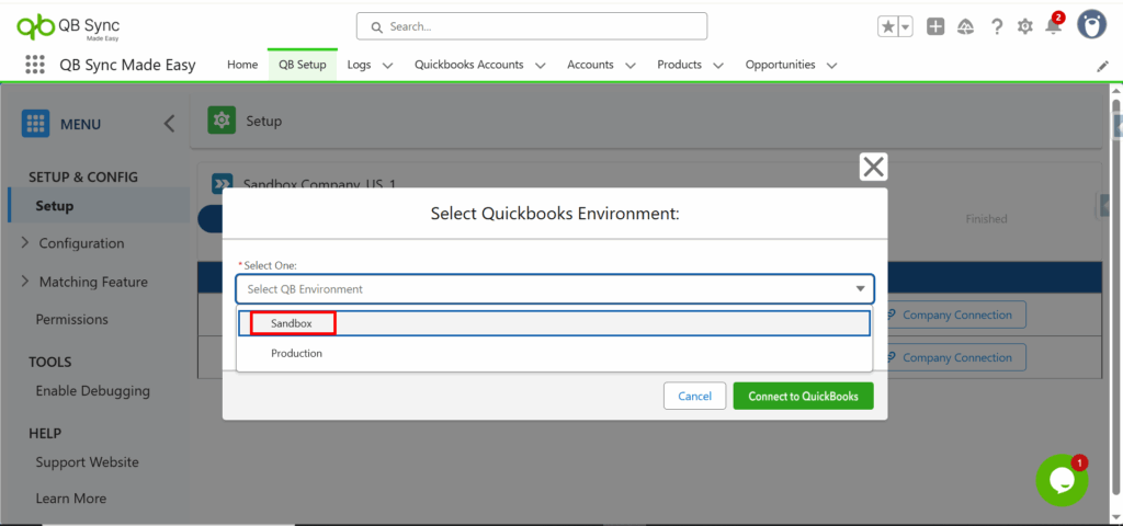 Select the environment (Sandbox or Production).